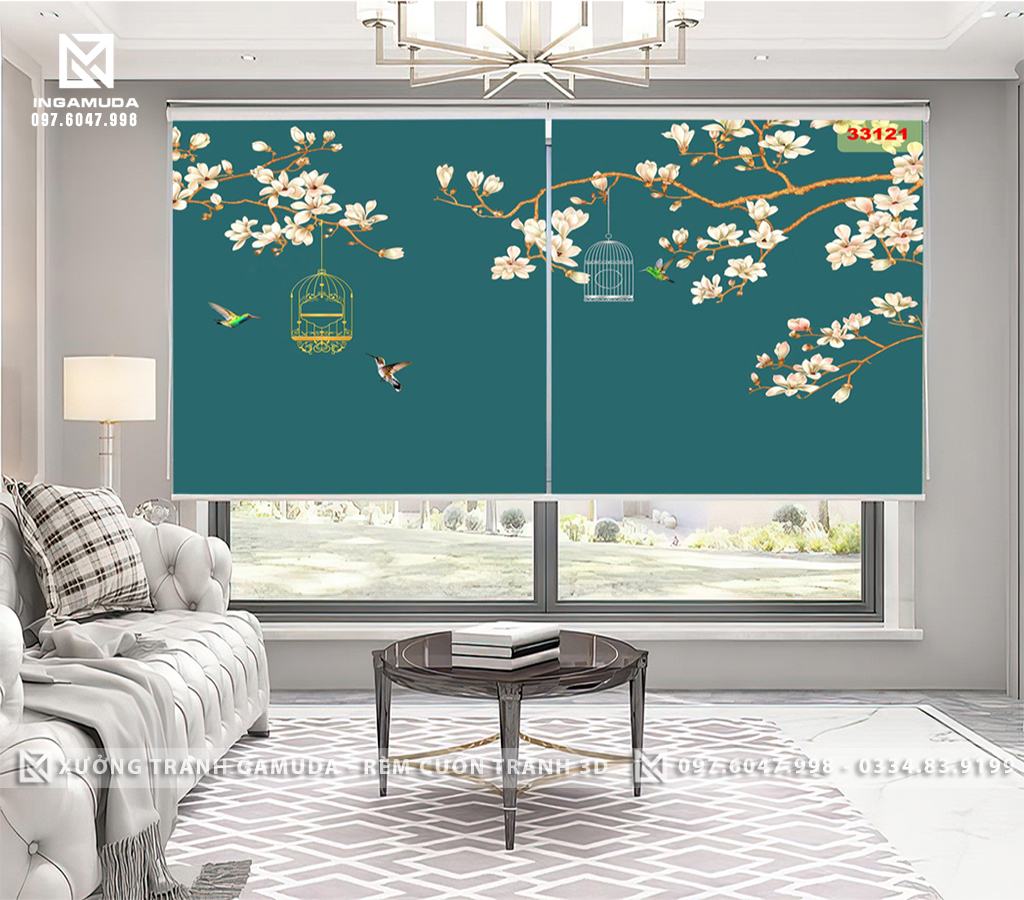 Rèm Tranh 3D In Họa Tiết Indochine Trên Nền Xanh Đậm Cùng Hoa Lan Trắng Và Đàn Chim- Hàng Thiết Kế Theo Yêu Cầu