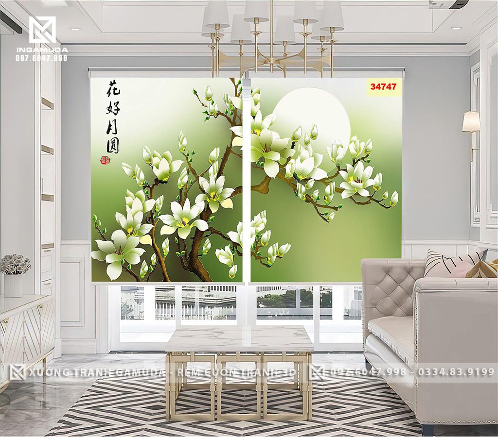 Rèm Cuốn In Tranh 3D Họa Tiết Indochine Hoa Mộc Lan Tượng Trưng Cho Sự May Mắn Và Thuận Lợi