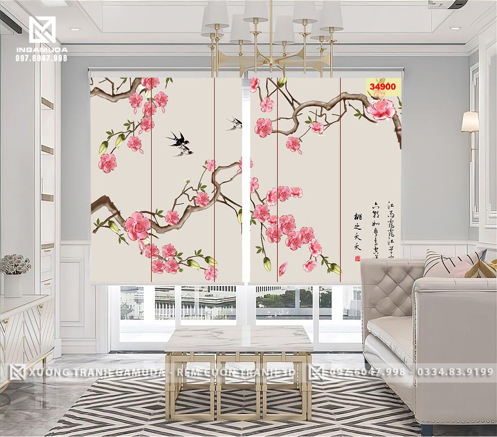 Rèm Tranh In Họa Tiết 3D Indochine Hoa Mộc Lan Biểu Tượng Cho Vẻ Đẹp Dịu Dàng, Thanh Khiết - Rèm Cản Sáng Cản Nhiệt
