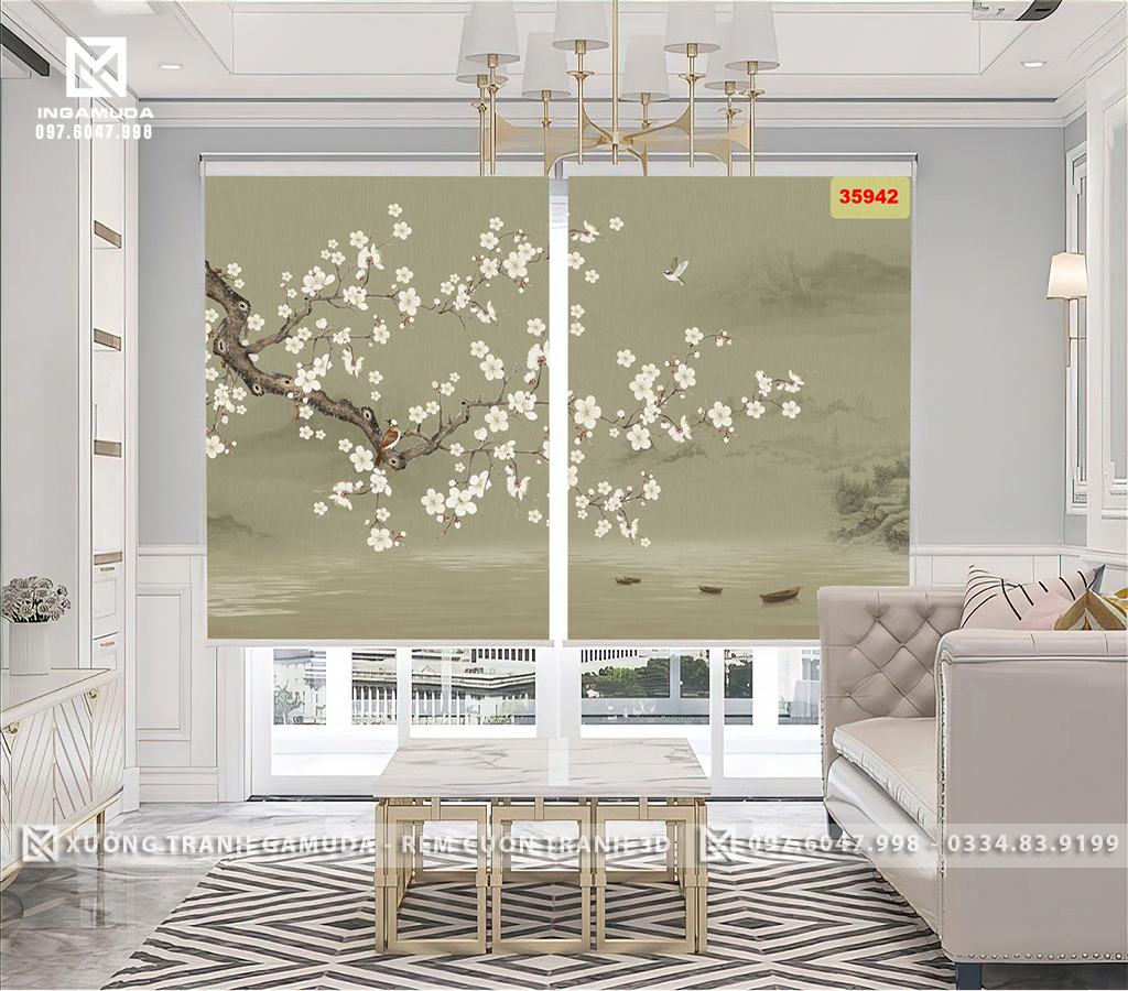 Rèm 3D In Tranh Indochine Họa Tiết Hoa Mộc Lan Trắng Đẹp Nhất