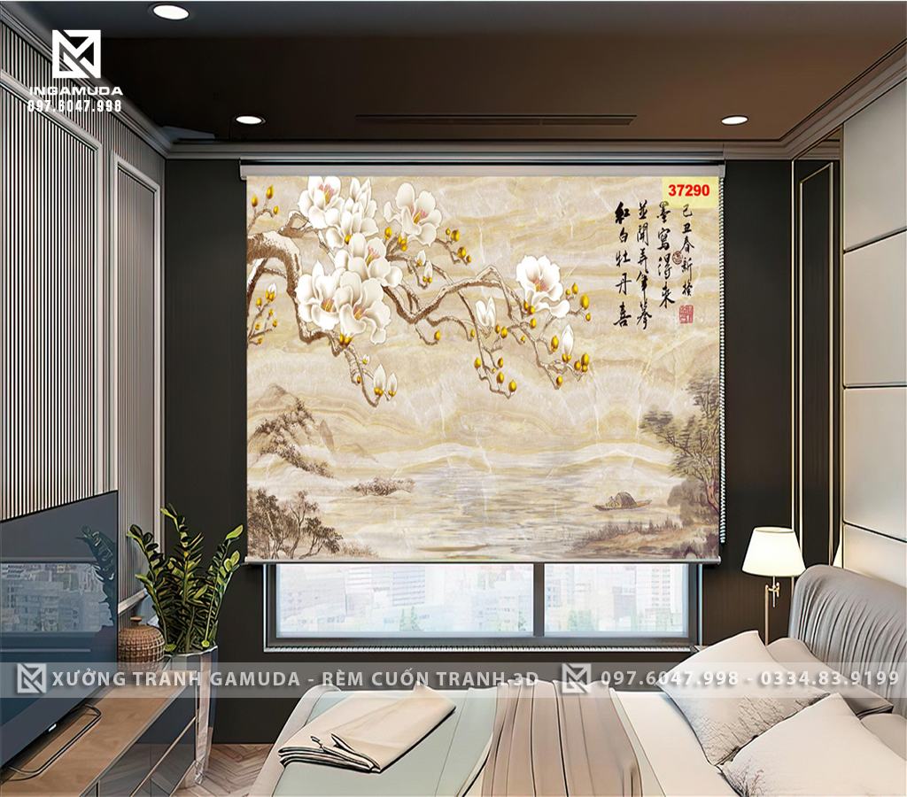 Rèm Cuốn Tranh 3D In Họa Tiết Indochine Hoa Mộc Lan Trắng Trên Nền Ngọc Tạo Sự Sang Trọng