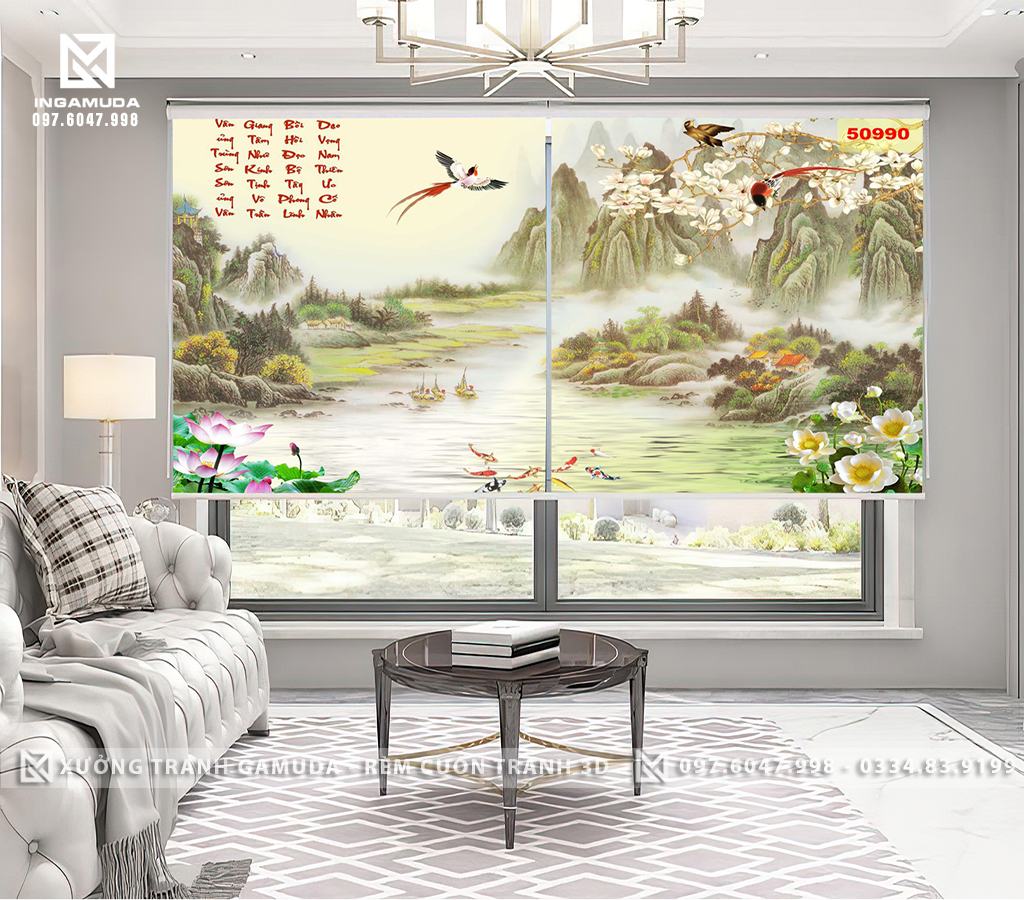 Rèm Tranh 3D In Họa Tiết Indochine Hoa Mộc Lan Cùng Cảnh Sắc Thiên Nhiên Tuyệt Đẹp- Xưởng Rèm Gamuda In Ấn Và Sản Xuất Theo Yêu Cầu
