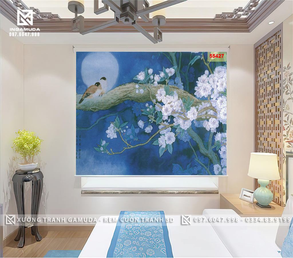Rèm Cuốn Tranh 3D Họa Tiết Hoa Mẫu Đơn Trắng Tượng Trưng Cho Sự Tinh Khôi, Thanh Khiết - Rèm Cản Sáng Cản Nhiệt