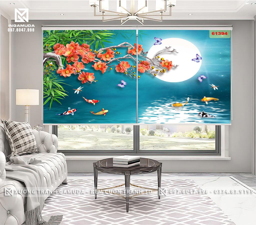 Rèm Tranh In 3D Họa Tiết Hoa Đỏ Trên Nền Xanh Đậm Tạo Cảm Giác Yên Binh- Hàng Thiết Kế Theo Yêu Cầu