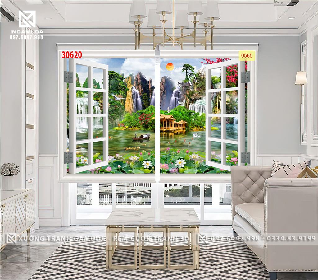 Rèm Cuốn Tranh 3D In Cửa Sổ Cảnh Sơn Thủy Hữu Tình Mang Ý Nghĩa Thuận Buồm Xuôi Gio - Rèm Cản Sáng Cản Nhiệt Xưởng Rèm Gamuda