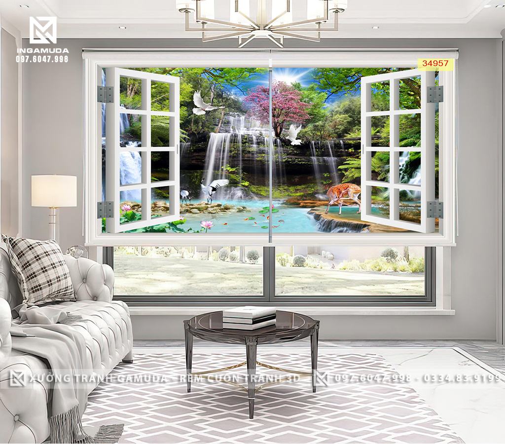Rèm Cuốn Tranh 3D In Cửa Sổ Sơn Thủy Với Thác Đá Chim Và Hươu Tạo Nên Sự Bình Yên Trên Gam Màu Sáng- Rèm Cản Sáng Cản Nhiệt Xưởng Rèm Gamuda