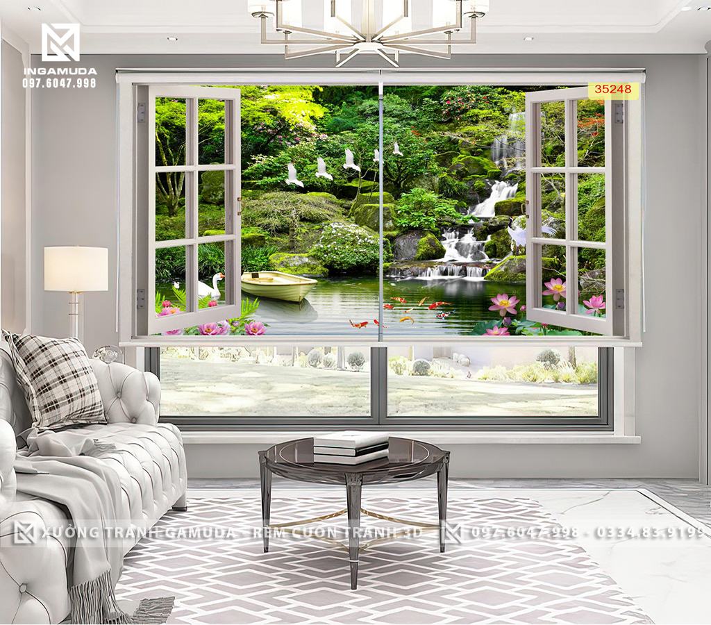 Rèm Cuốn Tranh 3D IN Cửa Sổ Khung Cảnh Sơn Thủy " Sơn Quản Đỉnh Nhân, Thủy Quản Tài Lộc" - Xưởng Rèm Gamuda