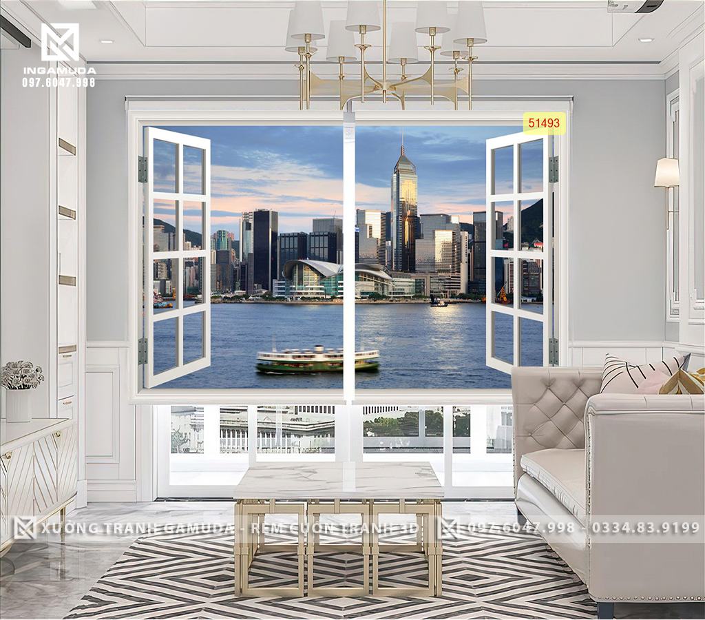 Rèm Cuốn Tranh 3D In Cửa Sổ Với Du Thuyền Hiện Đại Trên Dòng Sông Cùng Những Tòa Nhà Cao Tầng Tạo Nên Khung Cảnh Sang Trọng Cũng Không Kém Phần Yên Bình Cho Bức Tranh