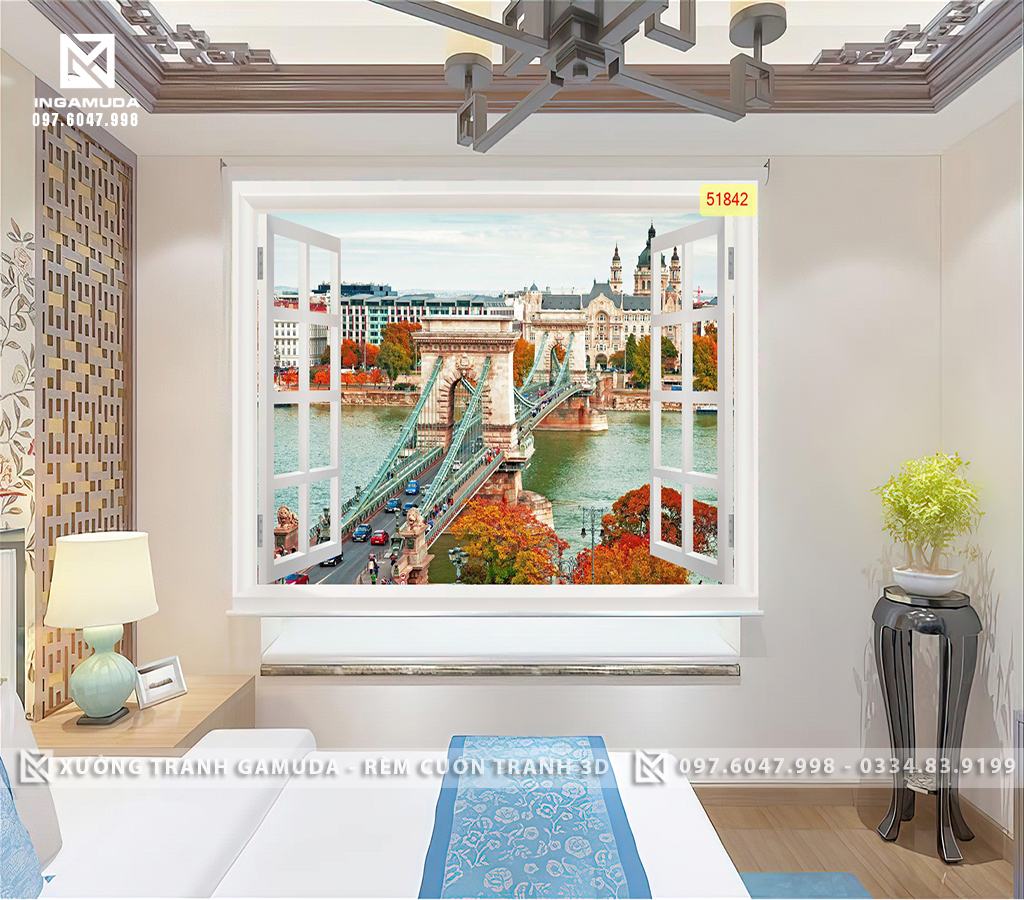 Rèm Cuốn Tranh 3D In Cửa Sổ Nhìn Ra Thành Phố Châu Âu Với Cây Nhà Và Cây Cầu Bắc Ngang Qua Dòng Sông Xanh Biếc- Rèm Cản Sáng Cản Nhiệt Xưởng Rèm Gamuda