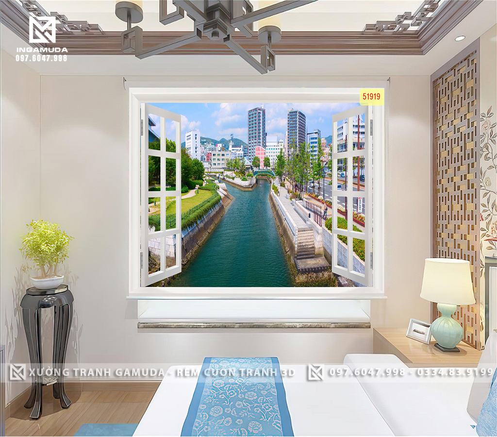 Rèm Cuốn Tranh 3D In Cửa Sổ Với Màu Xanh Của Nước Và Màu Xanh Của Đất Trời Cùng Những Ngôi Nhà Hiện Đại 