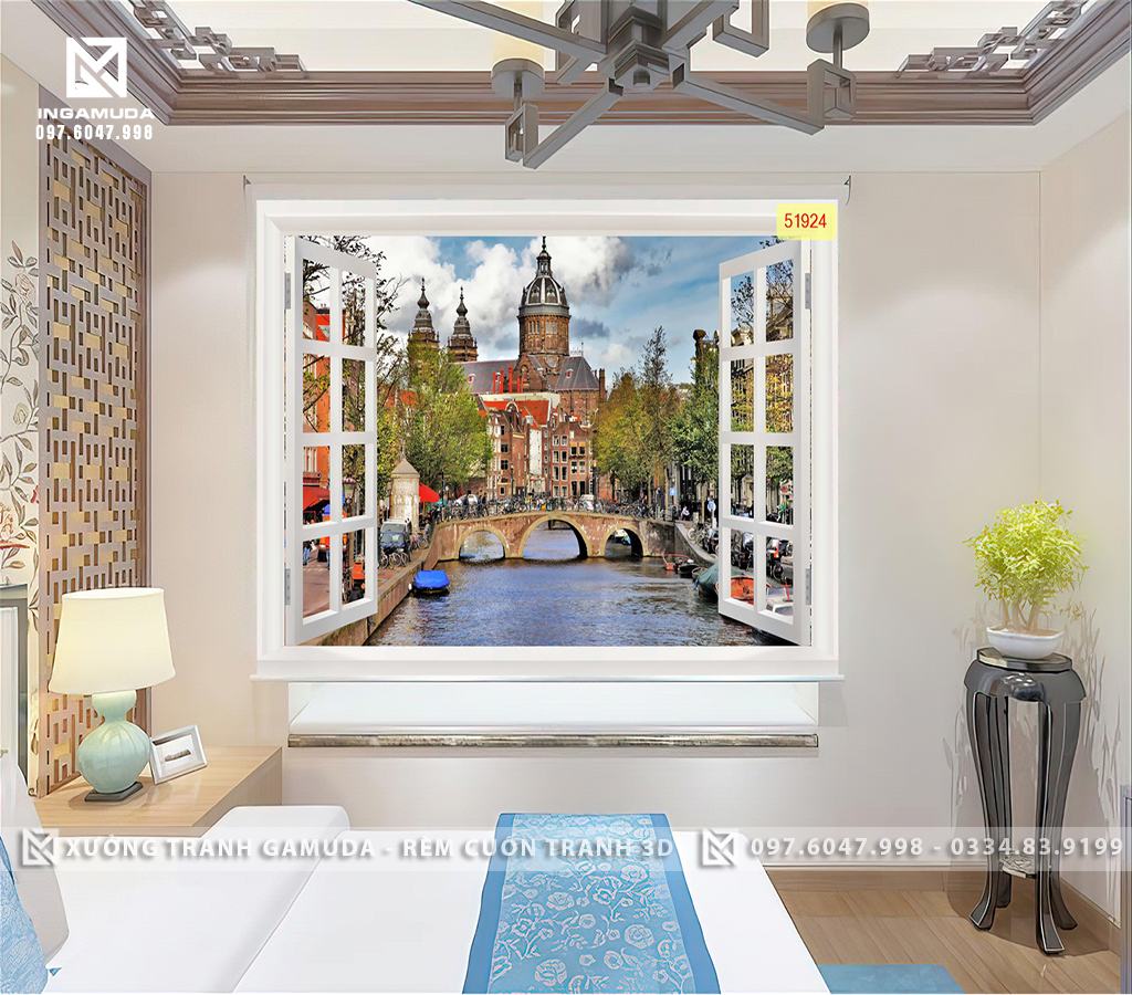 Rèm Cuốn Tranh 3D In Cửa Sổ Châu Âu Với Những Ngôi Nhà Cây Xanh Và Hồ Trên Gam Màu Sáng Của Dất Trời- Rèm Cản Sáng Cản Nhiệt Xưởng Rèm Gamuda