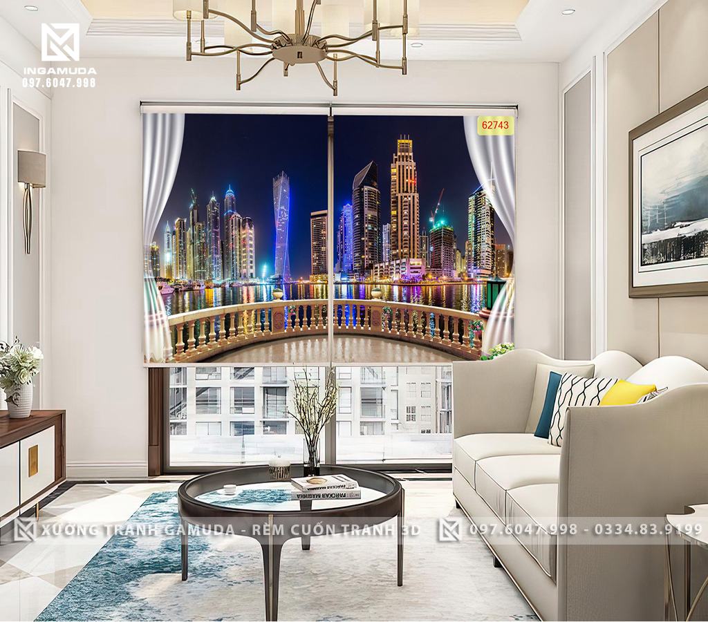 Rèm Cuốn Tranh 3D In Cửa Sổ Với Những Tòa Tháp Cao Tầng Cùng Những Ánh Đèn Điện Tạo Nên Sự Lãng Mạn Yên Bình Cho Bức Tranh- Xưởng Rèm Gamuda