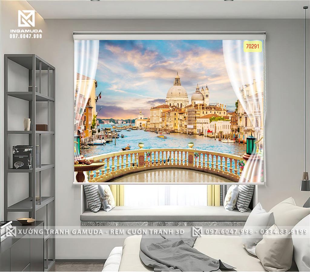 Rèm Cuốn Tranh Ịn 3D Cửa Sổ Với Những Lâu Đài Sang Trọng Trên Nền Xanh Của Biển Và Màu Xanh Của Đất Trời - Rèm Cản Sáng Cản Nhiệt Xường In Gamuda