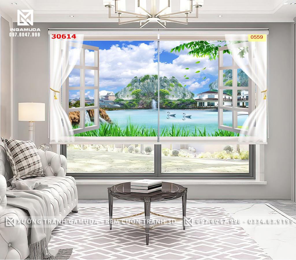 Rèm Cuốn Tranh 3D In Cửa Sổ Thiên Nhiên Hùng Vĩ Tráng Lệ Với Sông Núi Tạo Nên Sức Sống - Rèm Cản Sáng Cản Nhiệt Xưởng In Gamuda