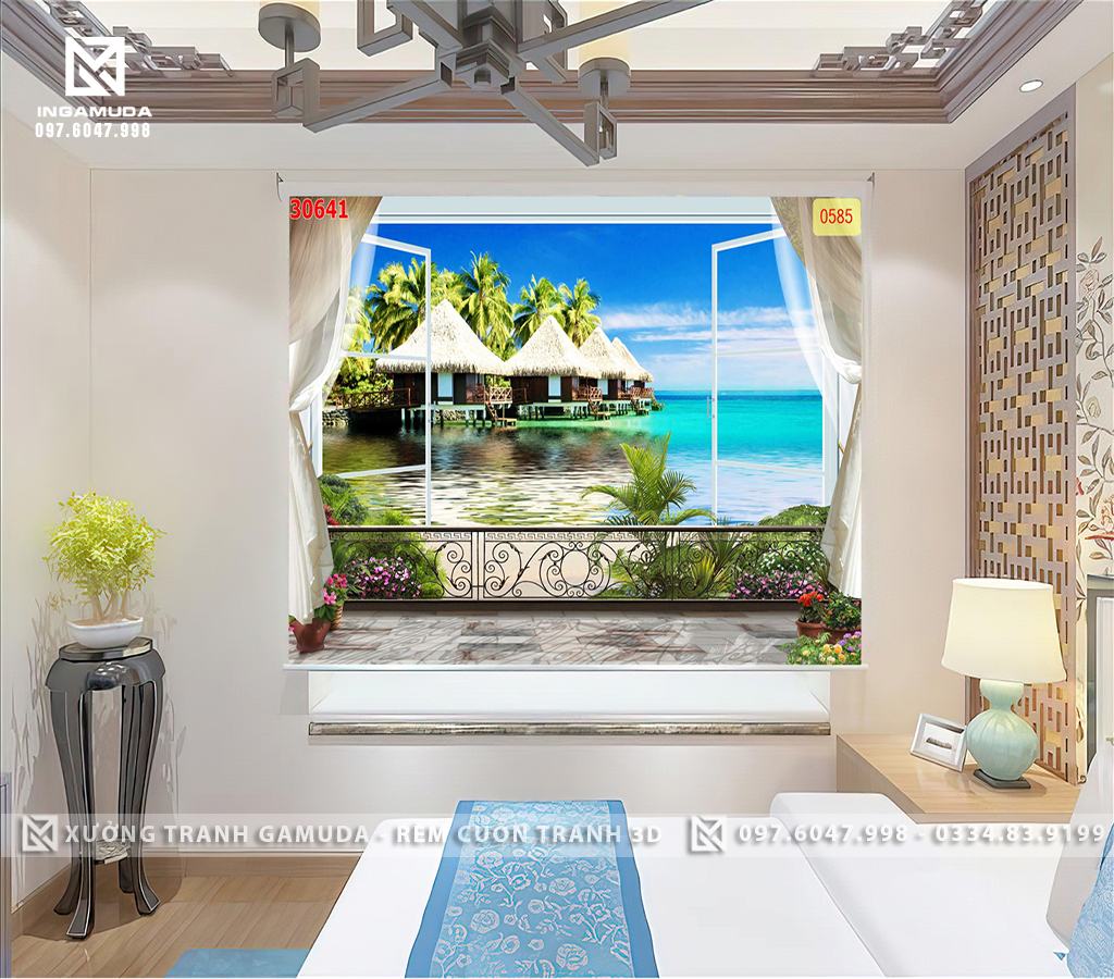 Rèm Cuốn Tranh 3D In Cửa Sổ Thiên Nhiên Với Gam Màu Xanh Của Biển Cùng Những Ngôi Nhà Hiện Đại
