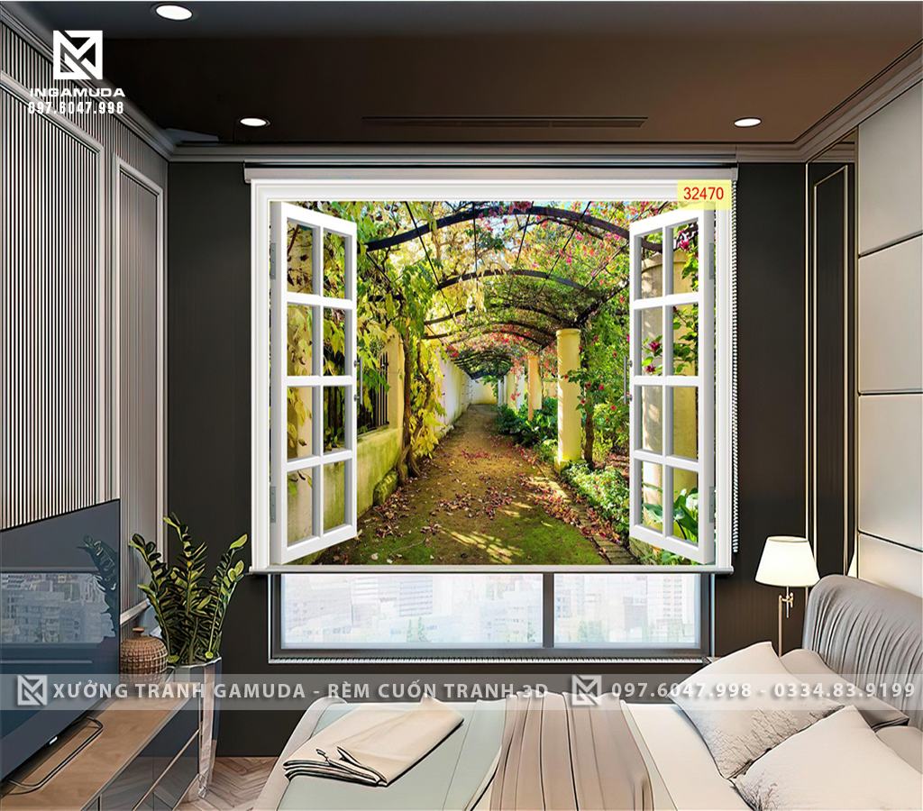 Rèm Cuốn Tranh 3D In Cửa Sổ Với Khung Cảnh Mùa Thu Con Đường Tràn Ngập Ánh Nắng - Rèm Cản Sáng Cản Nhiệt Xưởng Rèm Gamuda