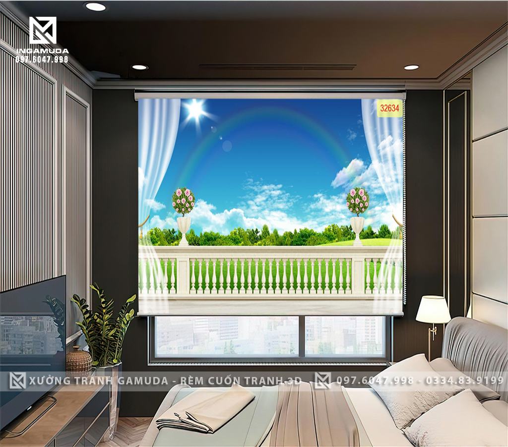 Rèm Cuốn Tranh 3D In Cửa Sổ Khung Cảnh Sau Cơn Mưa Cùng Cầu Vồng Sắc Màu Và Hoa Lá Cây Cảnh - Rèm Cản Sáng Cản Nhiệt Xưởng Rèm Gamuda