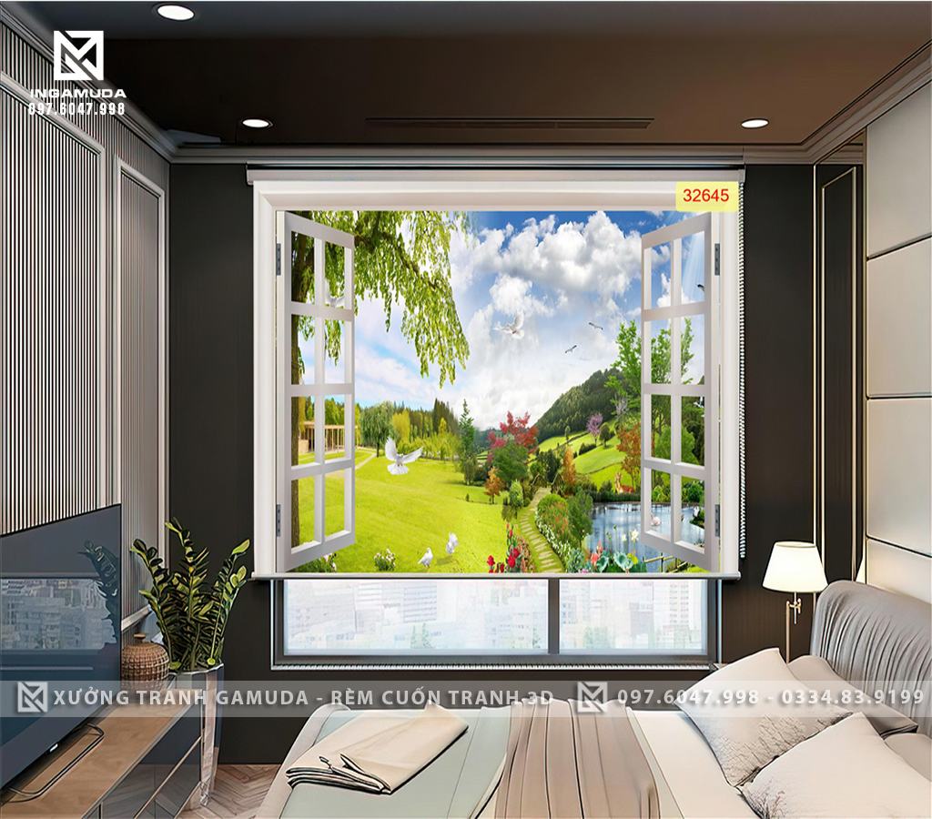 Rèm Cuốn Tranh 3D Cửa Sổ In Thiên Nhiên Yên Bình Trên Gam Màu Xanh Của Đất Trời