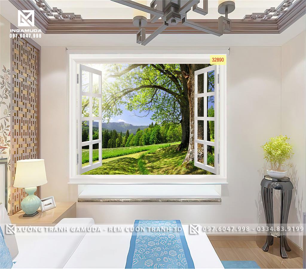 Rèm Cuốn Tranh 3D Cửa Sổ In Cây Xanh Sống Nhờ Ánh Sáng Mặt Trời- Xưởng Rèm Gamuda