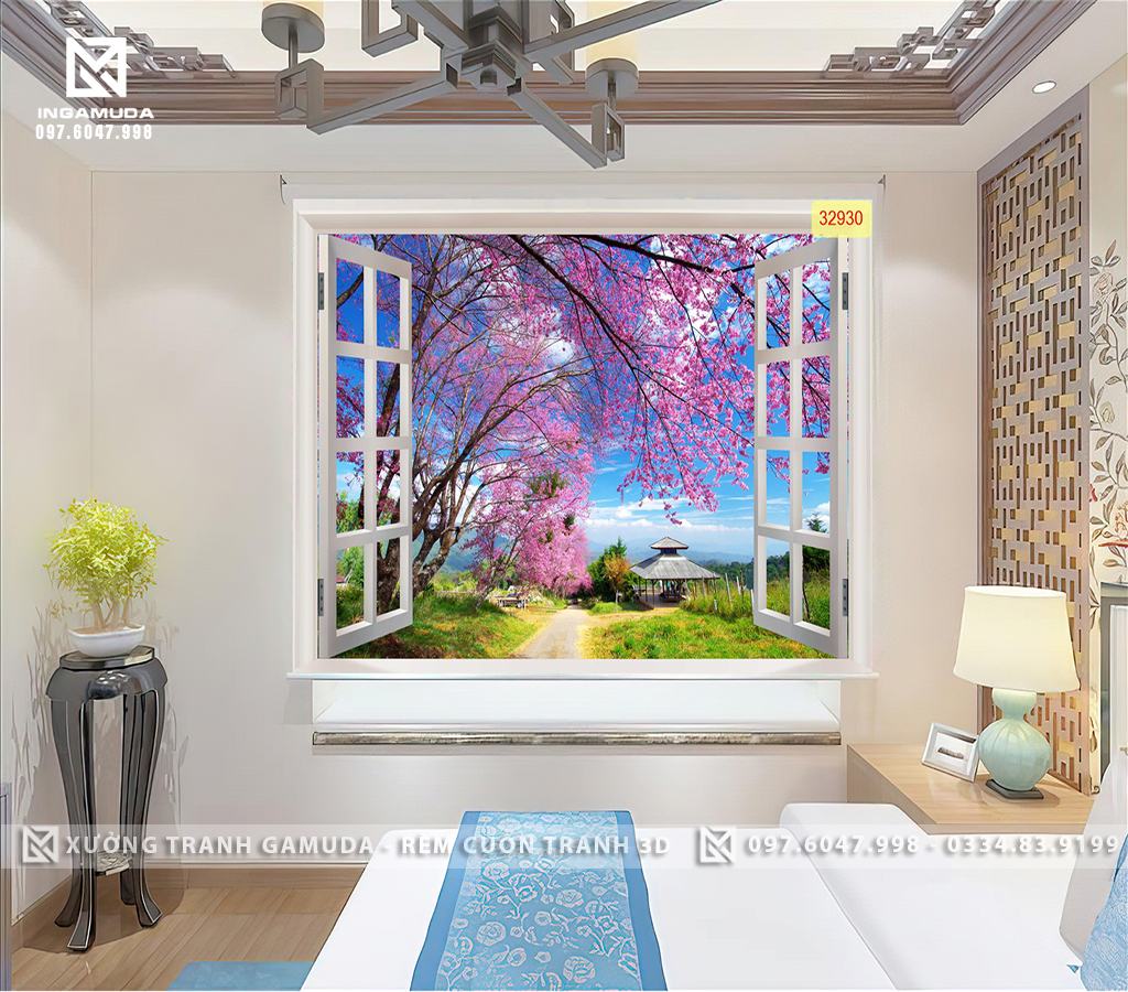 Rèm Cuốn Tranh 3D In Cửa Sổ Hoa Anh Đào Tượng Trưng Cho Sức Sống - Rèm Cản Sáng Cản Nhiệt Xưởng Rèm Gamuda