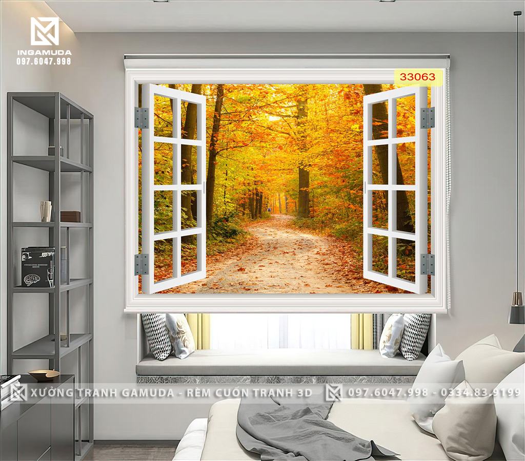 Rèm Cuốn Tranh 3D In Cửa Sổ Với Những Chiếc Lá Vàng Phảng Phất Trong Gio Gợi Sự Nhẹ Nhàng Bình Yên Đến Khó Tả- Rèm Cuốn Gamuda