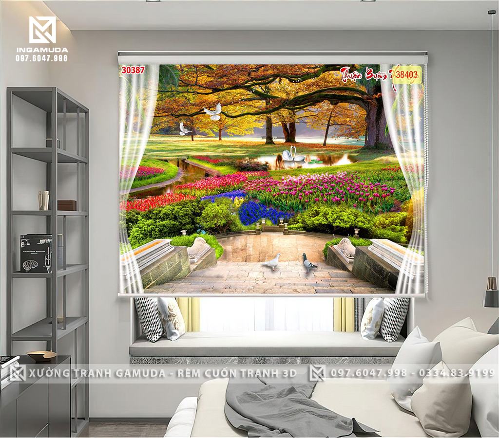 Rèm Cuốn Tranh 3D In Cửa Sổ Với Khung Cảnh Mùa Thu Tươi Đẹp Của Cây Cối Hoa Lá Chim Và Đôi Thiên Nga Tạo Nên Sự Lãng Mạn