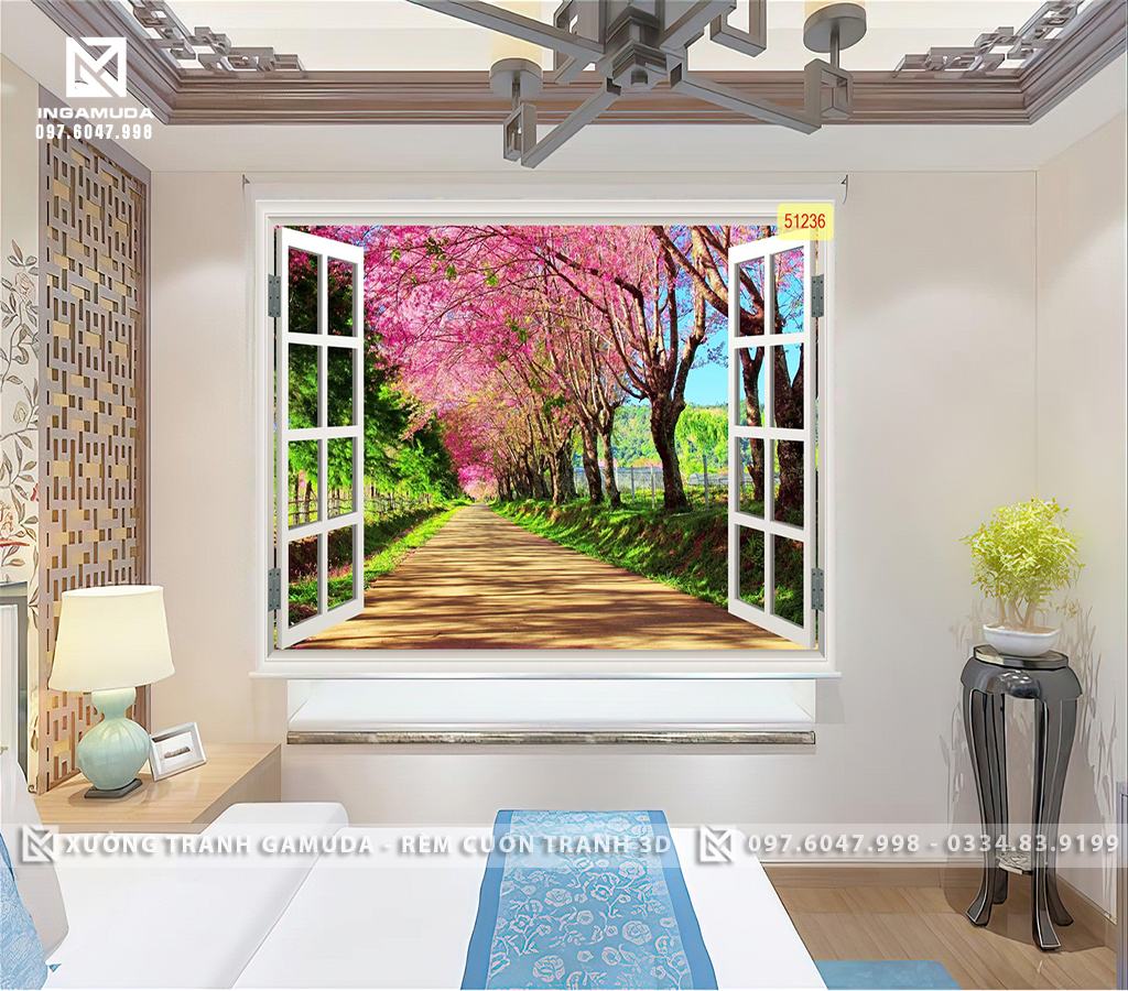 Rèm Cuốn Tranh 3D In Cửa Sổ Con Đường Với Những Cây Hoa Anh Đào Thể Hiện Mong Muốn Được Sống Trong Hòa Bình