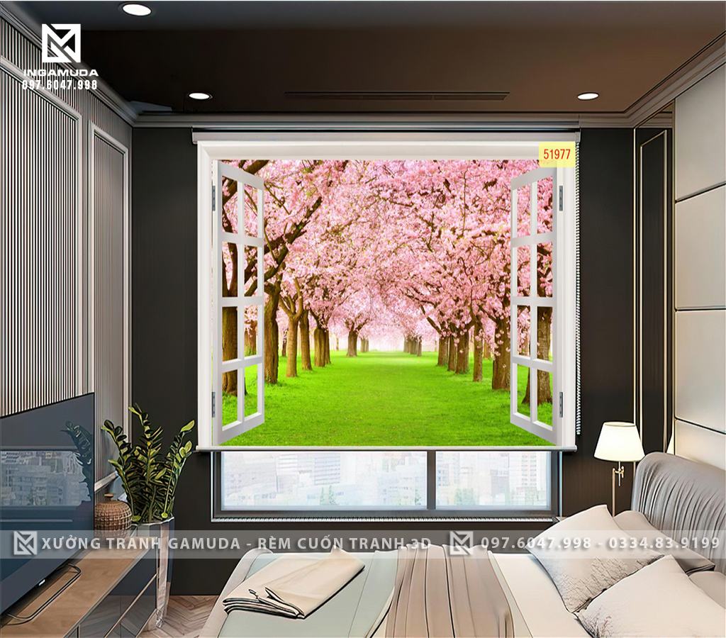Rèm cuốn tranh phong cảnh thiên nhiên hoa anh đào