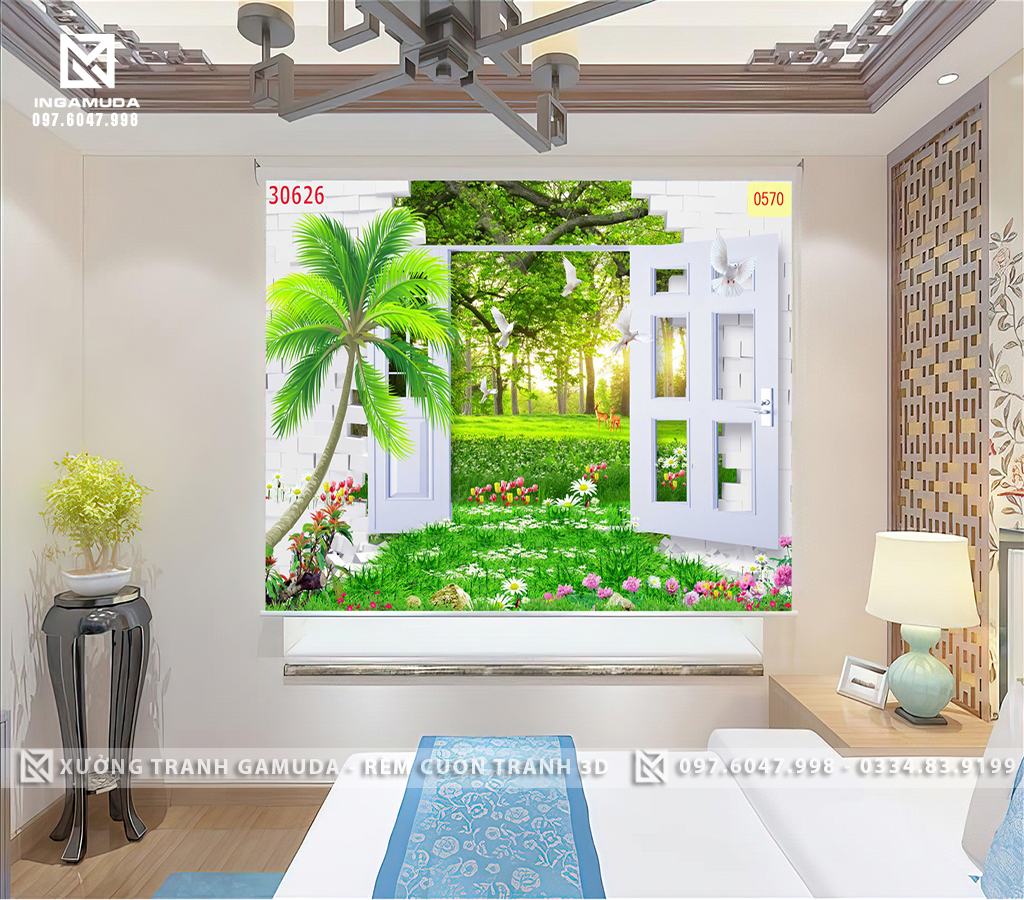 Rèm Cuốn Tranh 3D Cửa Sổ In Hình Cảnh Vườn Hoa Yên Bình Trên Gam Màu Xanh Của Đất Trời Nơi Có Những Chú Bồ Câu Và Xa Xa Có Chú Hươu Con