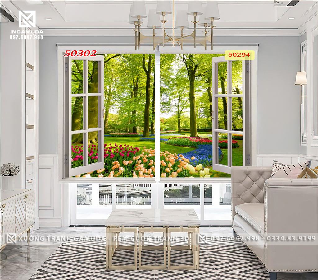 Rèm Cuốn Tranh 3D Cửa Sổ In Cây Xanh Sống Nhờ Ánh Sáng Mặt Trời- Xưởng Rèm Gamuda