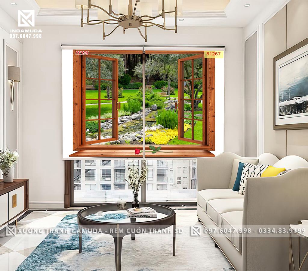 Rèm Cuốn Tranh 3D Cửa Sổ In Thiên Nhiên Yên Bình Trên Gam Màu Xanh Của Đất Trời