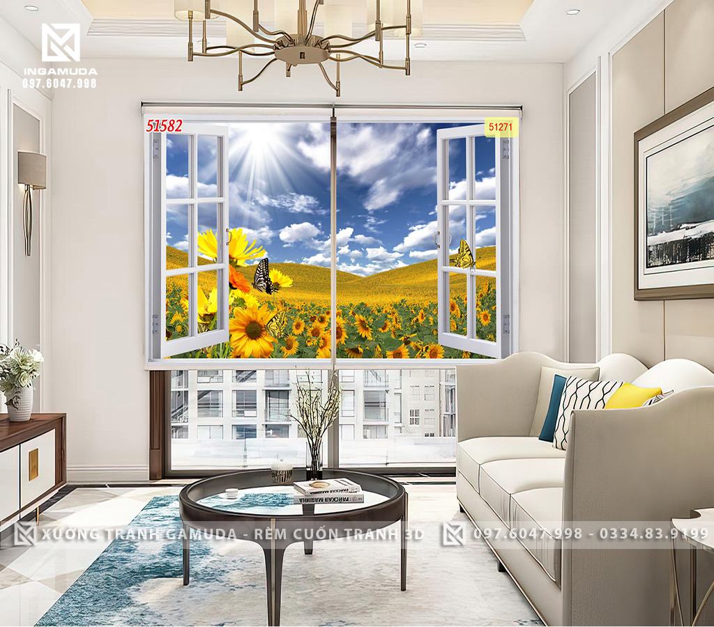 Rèm Cuốn In Tranh 3D In Hình Cảnh Vườn Hoa Mặt Trời - Xưởng Rèm Cuốn Tranh 3D Gamuda