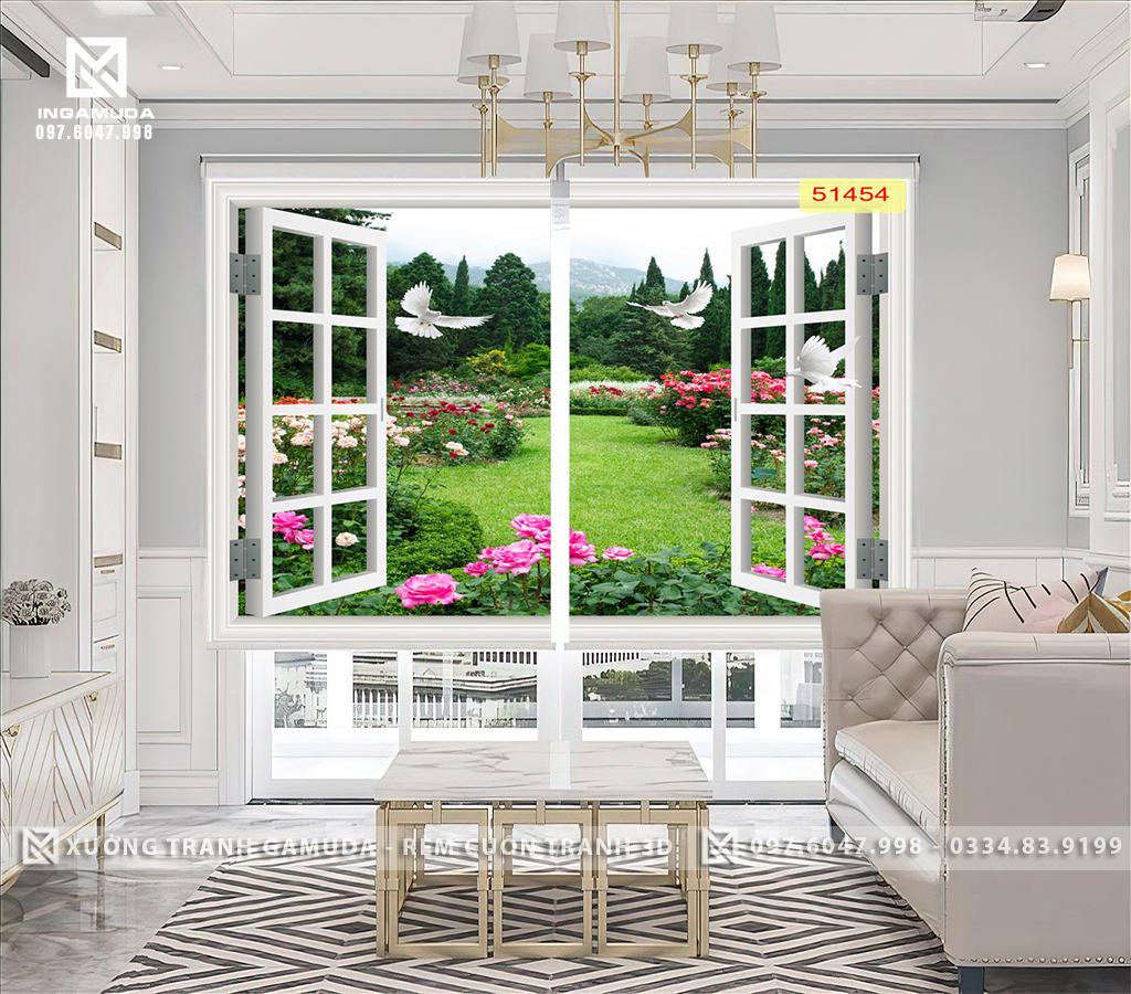 Rèm Cuốn In Tranh 3D In Hình Cảnh Vườn Hoa Có Hoa Hồng Và Những Chú Bồ Câu Đang Bay Lượn - Xưởng Rèm Cuốn Tranh 3D Gamuda