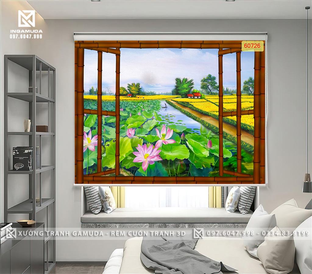 Rèm Cuốn Tranh 3D In Cửa Sổ Khung Cảnh Làng Quê Có Đồng Lúa Chín VÀ Ao Hoa Sen Đang Thi Nhau Đua Nở - Rèm Cản Nắng Cản Nhiệt Tốt