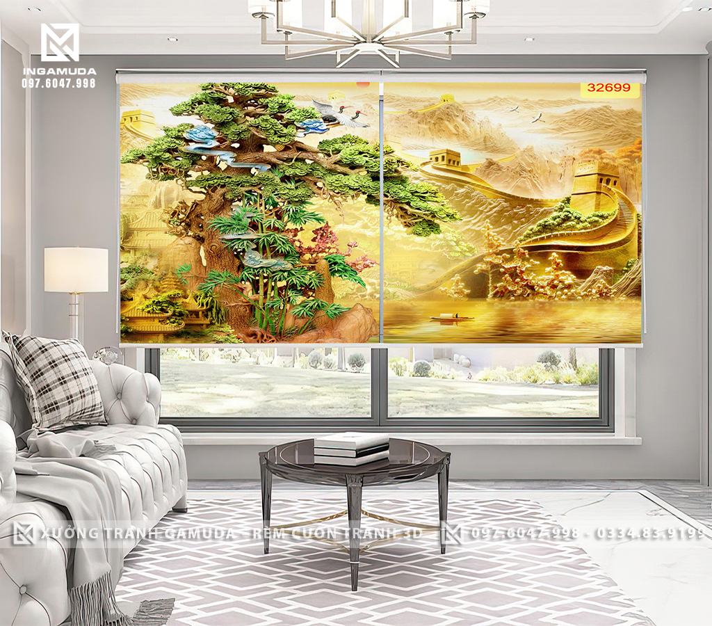 Rèm Cuốn Tranh 3D Điêu Khắc Cây Tùng Biểu Tượng Cho Sức Khỏe, Sự Trường Thọ - Rèm Cản Sáng Cản Nhiệt Xưởng Rèm Gamuda
