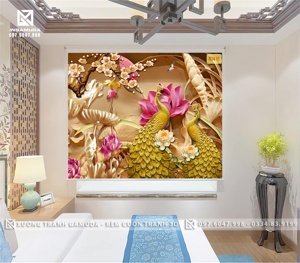 Rèm Cuốn Tranh 3D In Đôi Công Phượng Trên Nền Hoa Sen Đá Tạo Sự Sang Trọng Cho Bức Tranh - Rèm Cản Sáng Cản Nhiệt Gía Cả Tốt Nhất- Xưởng Rèm Gamuda