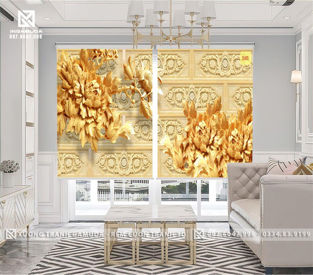Rèm Cuốn Tranh 3D In Hoa Mẫu Đơn Trên Nền Vàng Biểu Hiện Sự Đong Đầy, An Khang Và Sung Túc- Rèm Cuốn Tranh Gía Đại Lý Tốt Nhất Tại Xưởng Rèm Gamuda 