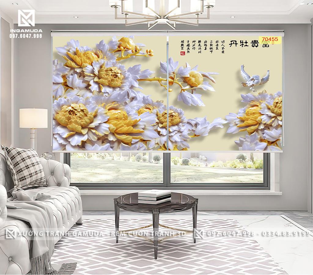 Rèm Cuốn Tranh 3D In Hoa Mẫu Đơn Biểu Hiện Cho Hạnh Phúc Gia Đình - Rèm Cản Sáng Cản Nhiệt Xưởng Rèm Gamuda