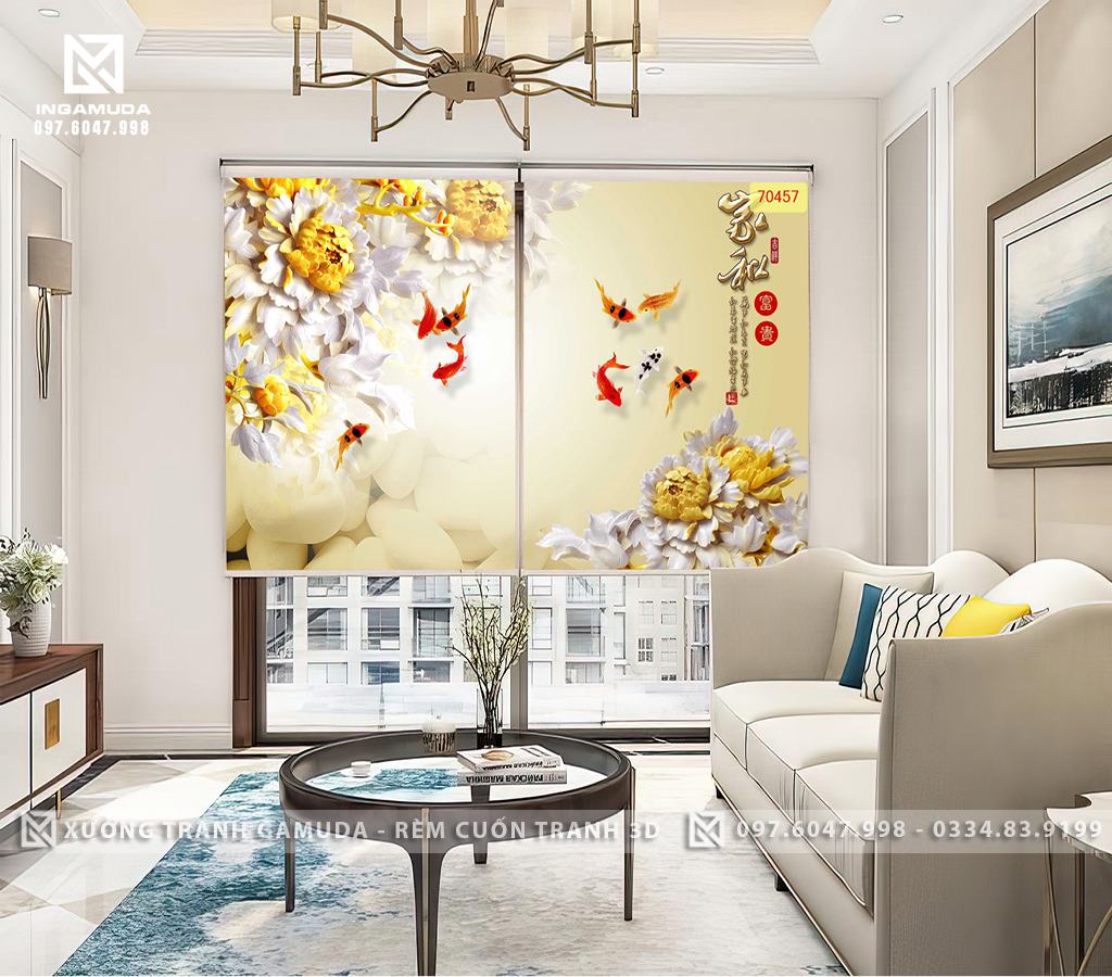 Rèm Cuốn Tranh 3D In Hoa Mẫu Đơn Trắng Tượng Trưng Cho Sự Tinh Khôi, Thanh Khiết Và Sang Trọng - Rèm Cuốn Tranh Gía Đại Lý Tốt Nhất Tại Xưởng Rèm Gamuda