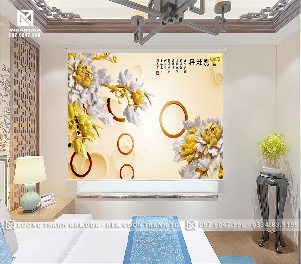 Rèm Cuốn Tranh 3D In Hoa Mẫu Đơn Trắng Biểu Tượng Cho Sự Hạnh Phúc - Rèm Cản Sáng Cản Nhiệt Xưởng Rèm Gamuda