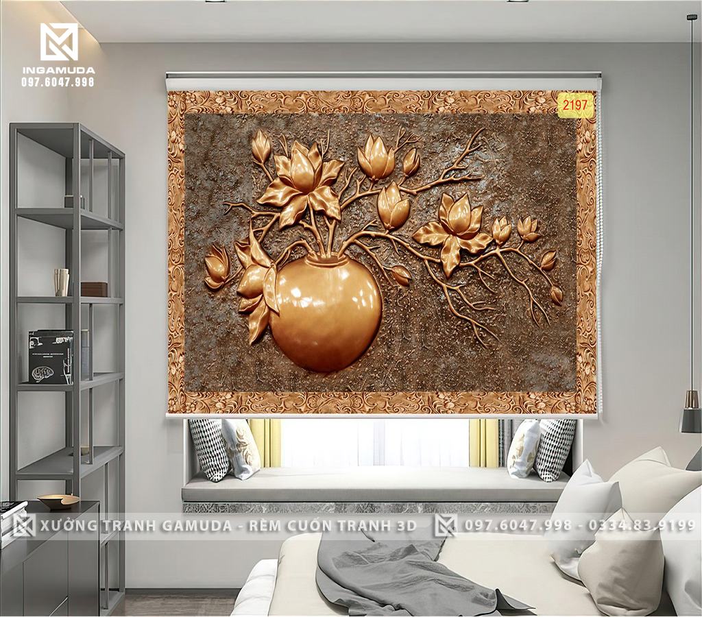 Rèm Cuốn Tranh 3D In Hoa Sen Trên Gam Màu Vàng Thể Hiện Ý Chí Sống Mãnh Liệt - Rèm Cuốn Tranh Gía Đại Lý Tốt Nhất Tại Xưởng Rèm Gamuda