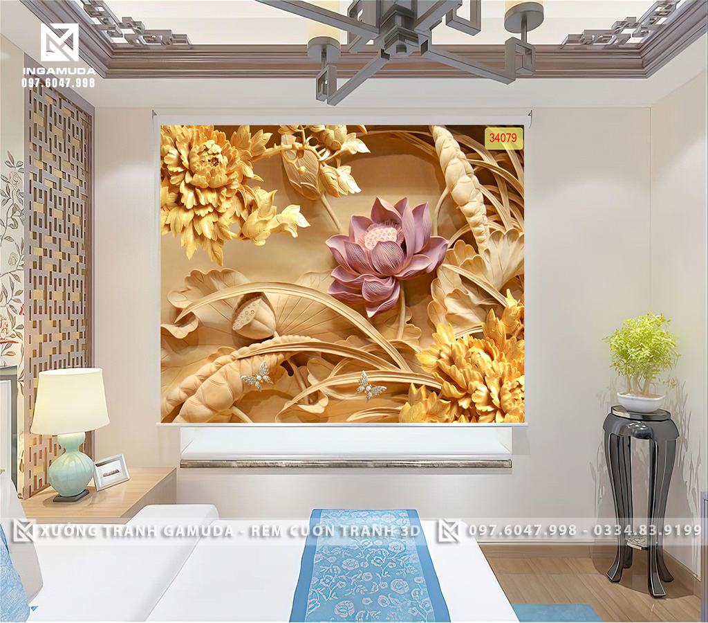 Rèm Cuốn In Tranh 3D Hoa Sen Hồng Là Biểu Tượng Của Đức Phật- Rèm Cản Sáng Cản Nhiệt Xưởng Rèm Gamuda