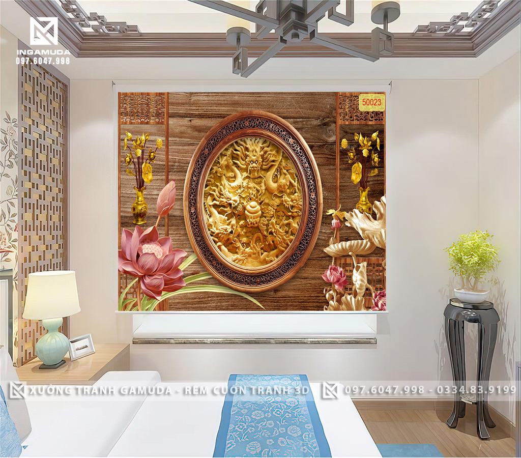 Rèm Cuốn Tranh 3D Hoa Sen Hồng Kết Hợp Với Hoa Sen Trắng Tạo Sự Sang Trọng Cho Bức Tranh - Xưởng Rèm Gamuda In Ấn Cho Đại Lý