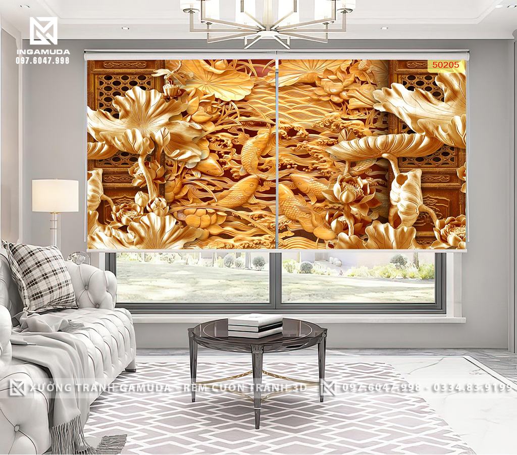 Rèm Cuốn In Tranh 3D Hoa Sen Vàng Tượng Trưng Cho Tình Yêu Và Sự Từ Bi - Rèm Tranh 3D Cho Đại Lý - Xưởng Rèm Gamuda