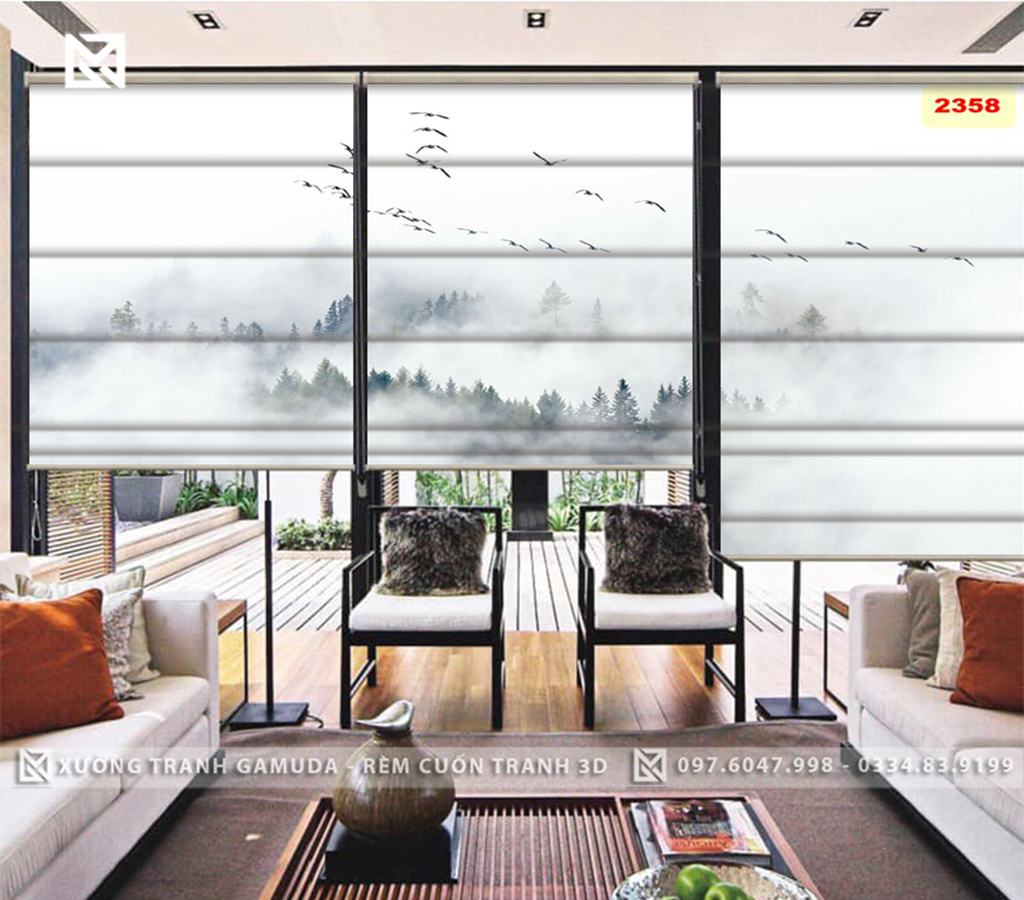 Rèm Roman In Họa Tiết Đàn Chim Và Núi Được Bao Phủ Bởi Lớp Sương Mù - Xưởng Rèm Gamuda In Ấn Và Sản Xuất Theo Yêu Cầu