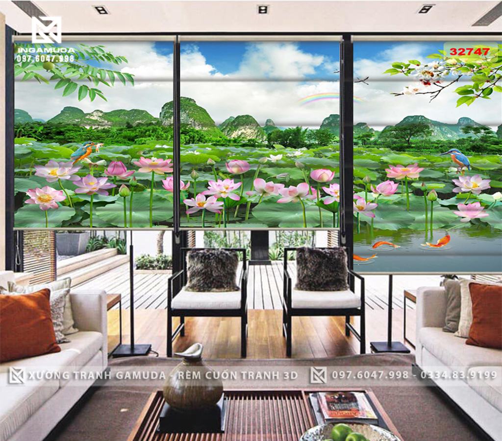 Rèm Roman In Họa Tiết Đầm Sen Cùng Núi Và Sông Nước- Rèm Cản Sáng Cản Nhiệt Xưởng Rèm Gamuda