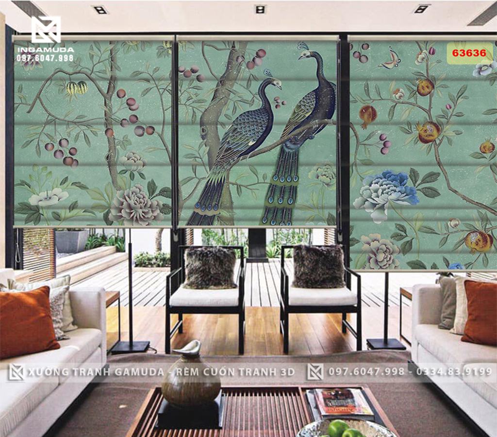 Rèm Roman In Họa Tiết Đôi Công Khổng Tước Biểu Tượng Của Sự Hạnh Phúc, Thủy Chung Trong Tình Yêu- Rèm Cản Sáng Cản Nhiệt Xưởng Rèm Gamuda