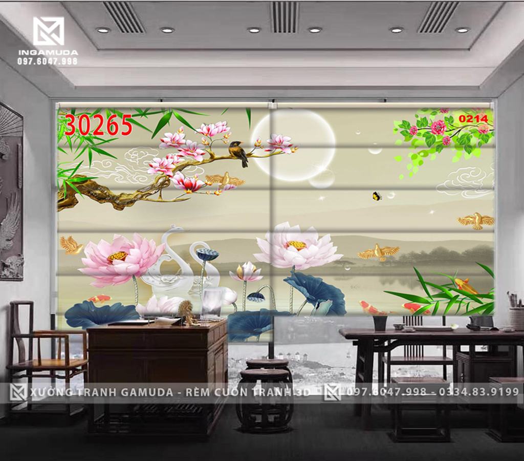 Rèm Roman Họa Tiết Hoa Sen Tượng Trưng Cho Đức Tính Từ Bi Và Thanh Khiết - Xưởng Rèm Gamuda In Ấn Và Sản Xuất Theo Đơn Đặt Hàng