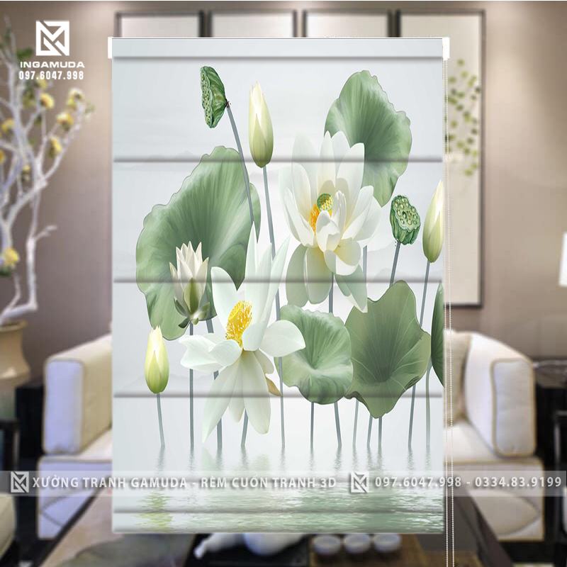 Rèm Roman In Tranh Họa Tiết Hoa Sen Trắng Tượng Trưng Cho Sự Tinh Khiết, Thanh Cao Với Gam Màu Sáng Chủ Đạo- Hàng Thiết Kế Tại Xưởng Rèm Gamuda