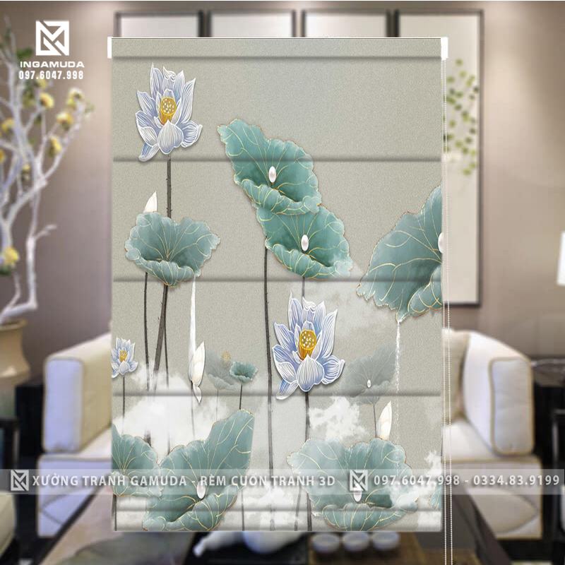 Rèm Roman In Hoa Sen Trắng Cùng Lá Sen Đẹp Nhất -Họa Tiết 3D Mẫu Thiết Kế Độc Quyền Địa Chỉ Duy Nhất Tại Xưởng Rèm Gamuda